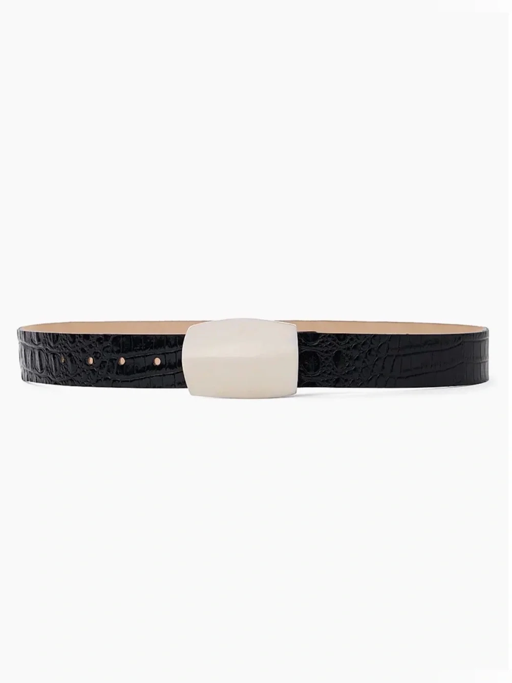 L'AGENCE Black Croc-Embossed Belt with Cream Statement Buckle